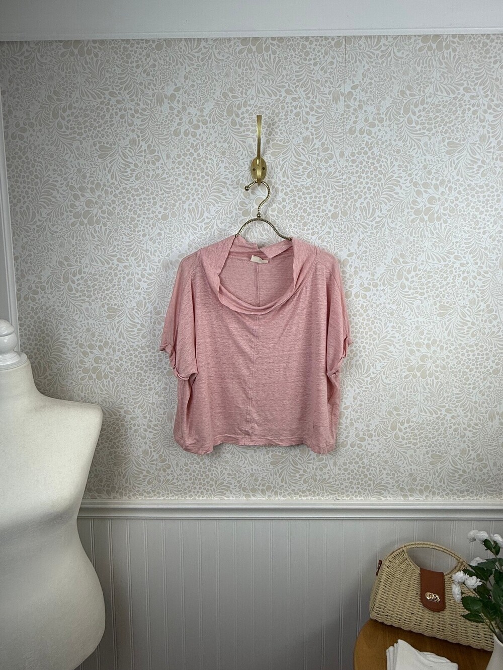 Poetry Pink Lightweight 100% Linen Cowl Neck Boxy Short Sleeve Top - Size - 10
